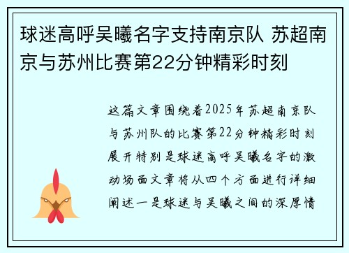 球迷高呼吴曦名字支持南京队 苏超南京与苏州比赛第22分钟精彩时刻