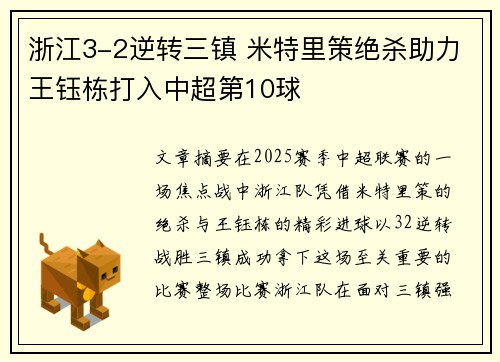 浙江3-2逆转三镇 米特里策绝杀助力王钰栋打入中超第10球