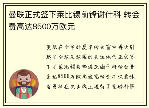 曼联正式签下莱比锡前锋谢什科 转会费高达8500万欧元