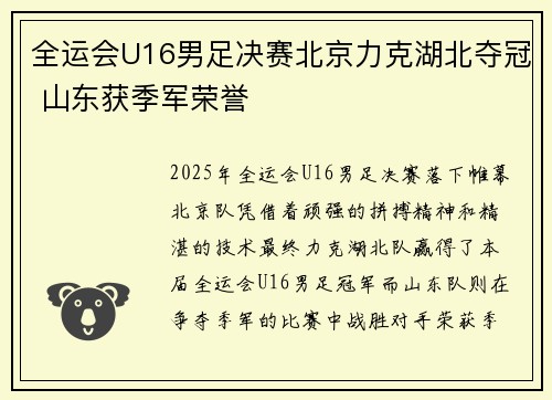 全运会U16男足决赛北京力克湖北夺冠 山东获季军荣誉